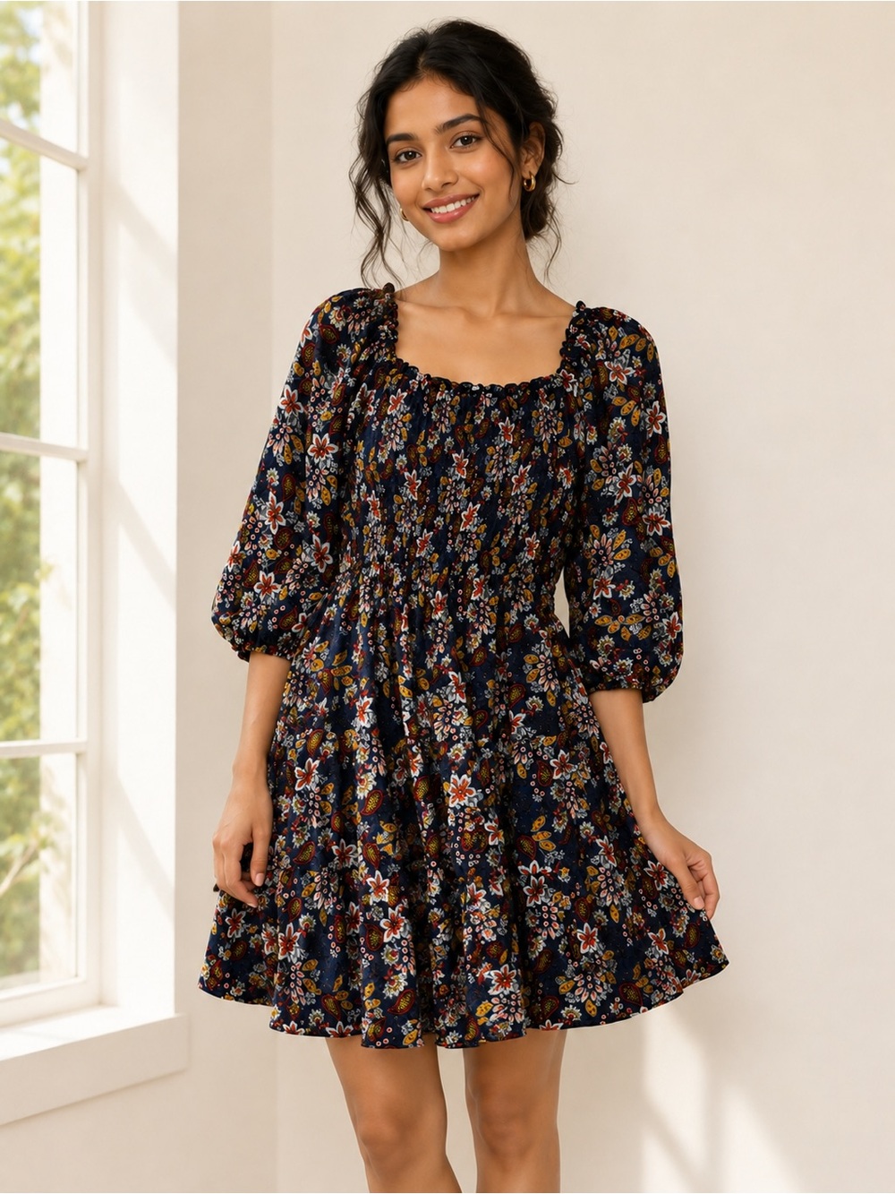 Angie Navy Floral Smocked Off-Shoulder Mini Dress